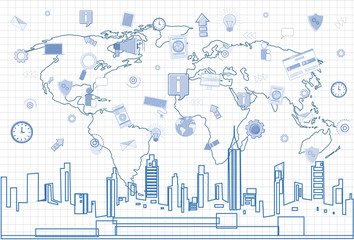 Poster - Social Media Communication Internet Network Connection Over City Skyscraper View Cityscape And World Map Squared Background Vector Illustration