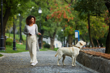 Wall Mural - Pretty young lady walking with dog in park in the morning