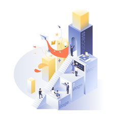 People work in a team and achieve the goal. Startup concept. Launch a new product on a market. Isometric vector illustration.