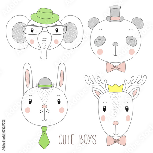 Set Of Hand Drawn Cute Funny Portraits Of Panda Bunny - 