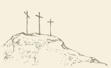 Three Crosses Stand On  Light Sky Backdrop