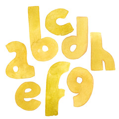 Fototapete - Large grainy watercolor bright letters. Bold alphabet sequence from A to H. Bright yellow font