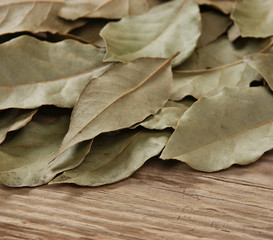 Wall Mural - dry bay leaf on an old wooden board