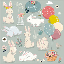 Set Of Cute Hares With Balloons