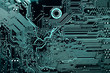 © elen31 - Dark background of the silhouette of the computer motherboard for the design of the company's IT site. Circuit board. Electronic computer hardware technology. Motherboard digital chip.