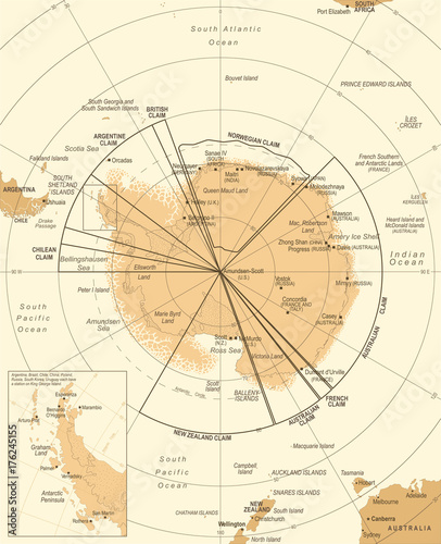 Plakat Mapa regionu Antarktyki - Vintage ilustracji wektorowych