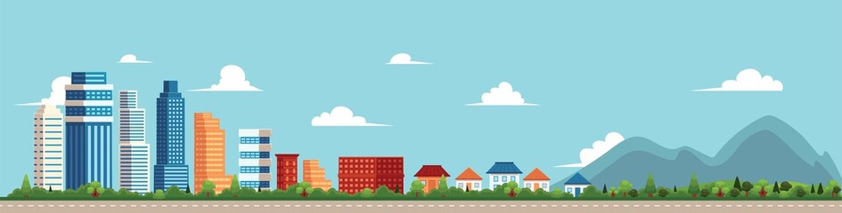 Wall Mural - vector flat cartoon panorama - cityscape with different buildings - office center, then comes private houses, cottage with parks and mountines. Illustration on blue background