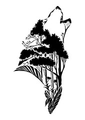 Naklejka na meble black silhouette wolf head howling tribal tattoo with earth element or ground element in tropical forest concept design with withe isolated background