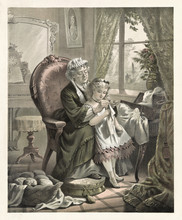 Old Illustration Depicting Elderly Woman Teaching Girl To Mend Socks. By Armstrong And Baker, Publ. In 1873