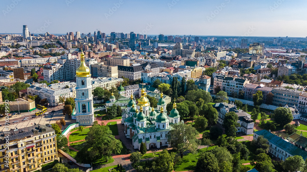 Obraz na płótnie Aerial top view of St Sophia cathedral and Kiev city skyline from above, Kyiv cityscape, capital of Ukraine
 w salonie