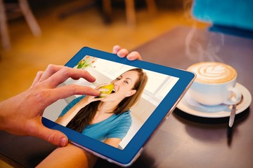 Poster - Composite image of smiling young woman eating apple 