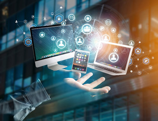 Poster - computer and devices displayed on a futuristic interface with business network - multimedia and tech