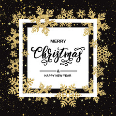 Merry Christmas handwriting script lettering. Christmas greeting  with gold snowflakes on black background. Vector illustration