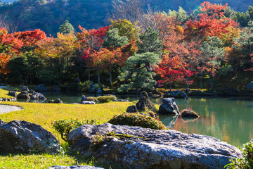 Sogenchi pond garden in autumn season at Tenryuji temple ,located in the scenic Saga Arashiyama area of Kyoto ,JAPAN. Autumn background.