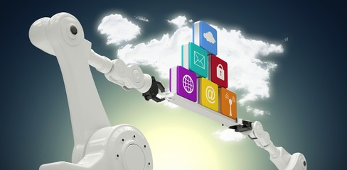 Poster - Composite image of metallic robotic hands holding computer icons