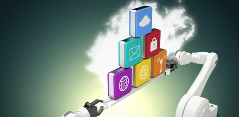 Poster - Composite image of metallic robotic hands holding computer icons