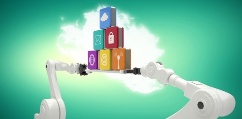 Poster - Composite image of white robotic hands holding computer icons on