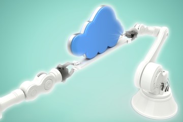 Poster - composite image of metallic robotic hands holding cloud against