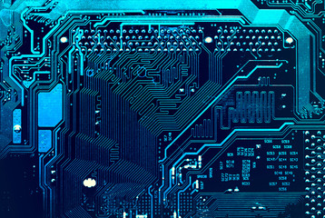 Fototapete - Dark background of the silhouette of the computer motherboard for the design of the company's IT site. Circuit board. Electronic computer hardware technology. Motherboard digital chip.