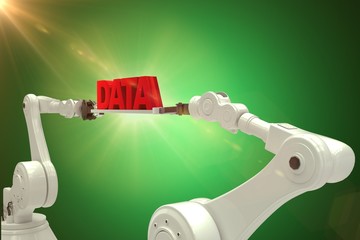 Poster - composite image of white robotic hands holding red data message