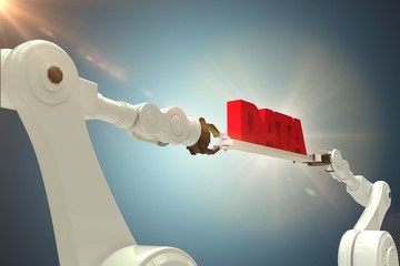 Poster - composite image of robotic hands holding red data text against
