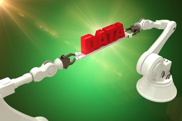 Poster - composite image of metallic robotic hands holding red data text