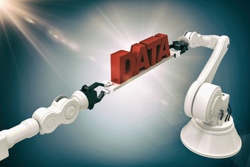Poster - composite image of robotic hands holding data text over grey