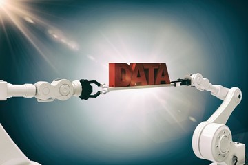 Poster - Composite image of white robotic hands holding red data message