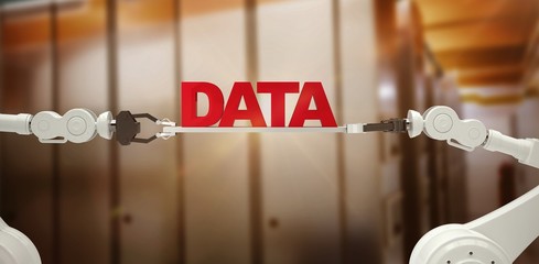 Poster - composite image of robotic hands holding data message