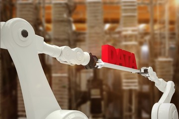 Poster - composite image of robotic hands holding red data text