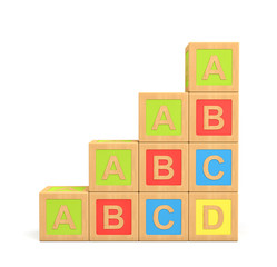 Poster - 3d rendering of a colorful set of wooden building blocks with English letters made into a stairs shape.