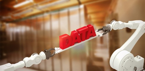 Poster - composite image of robotic hands holding red data message