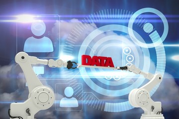 Poster - Composite image of robotic hands holding red data text