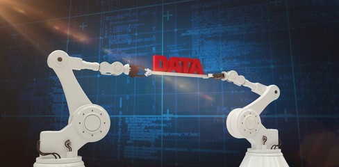Poster - Composite image of robotic hands holding red data text 