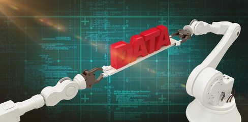 Poster - composite image of metallic robotic hands holding red data text