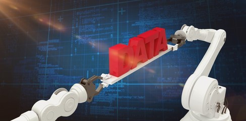 Poster - Composite image of robotic hands holding data text 