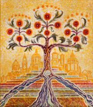 LONDON, GREAT BRITAIN - SEPTEMBER 18, 2017: The Modern Symbolic Painting Of Tree Of Life And Holy City Jerusalem In Church St Botolph's Aldgate By Tetis Blacker (1982).