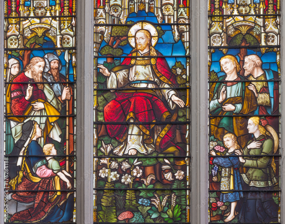 LONDON, GREAT BRITAIN - SEPTEMBER 14, 2017: The teaching of Jesus on the stained glass in the church St. Catharine Cree from 19. cent.