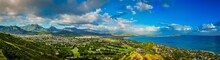 Panorama View Of The Green Mountains And Hawaiian Coast From Lanikai Pillbox Trail