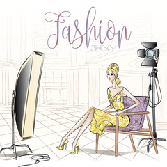 Wall Mural - Fashion backstage during shooting with beauty model woman in the studio, vector illustration background