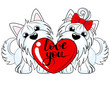 Two cute Yorkshire Terrier dogs with heart on a white background. Vector illustration for greeting card on Valentines day, poster, or print on clothes.