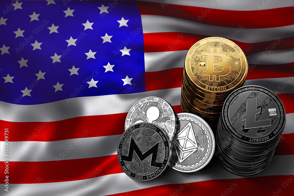 Stack of Bitcoin, Ethereum, Litecoin, Ripple and Monero coins on USA flag. Situation of Bitcoin and other cryptocurrencies in USA concept. 3D Rendering