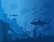 Blue underwater landscape with sunken ship, sharks and see weeds. Vector hand drawn illustration.