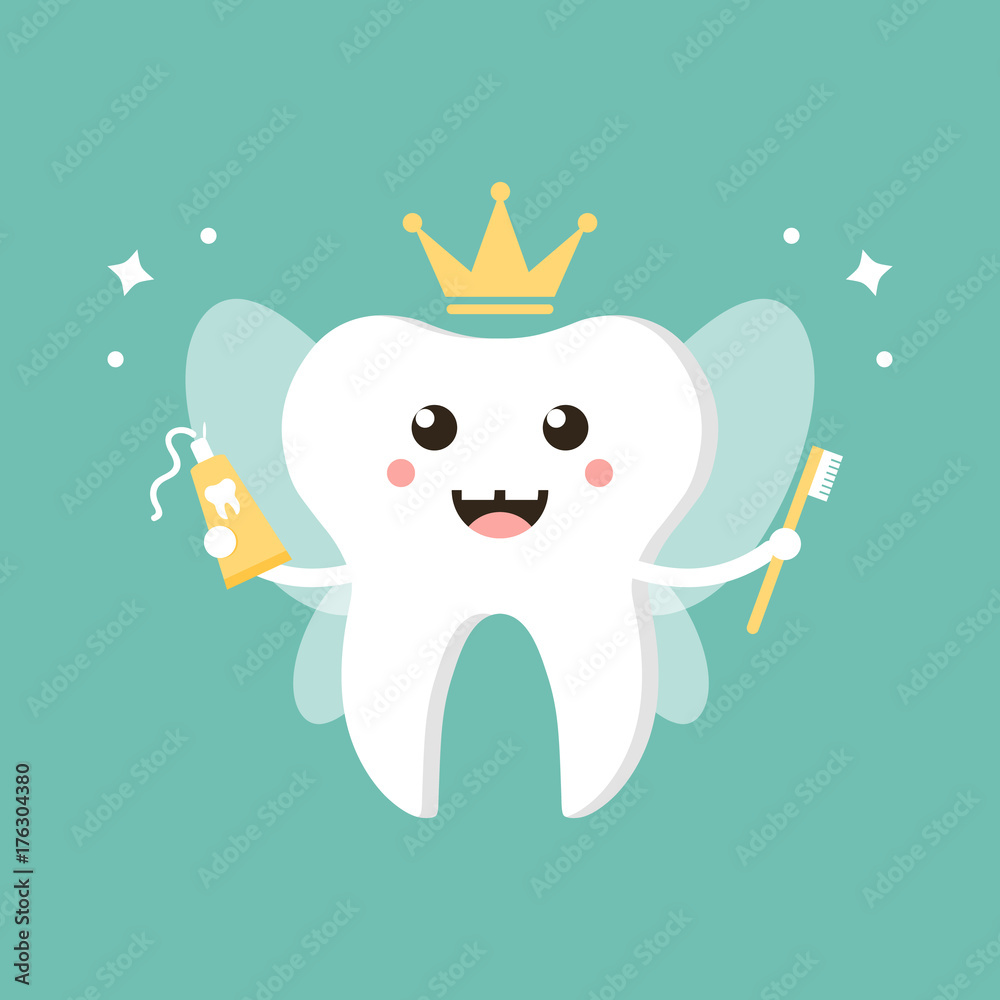 Cute cartoon tooth fairy with toothpaste and brush vector flat design ...