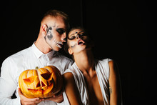 Halloween Couple. Halloween Photo. Couple In Love. Fashion Image. Pumpkin. Demon. Zombie.
