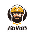 © ~ Bitter ~ - Builder, constructor logo. Industry, support, service, repair, overhaul icon or symbol. Portrait of worker in helmet