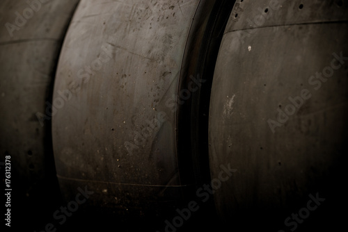 Fotografía Black racing motorsport tires row closeup