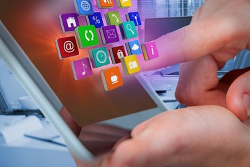 Poster - Composite image of hands using tablet with digital effects