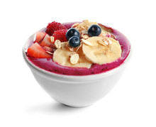 Healthy Breakfast With Delicious Acai Smoothie In Bowl On White Background