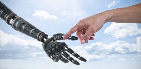 Poster - Composite image of hand of man pretending to touch an invisible
